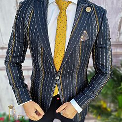 Sacou de barbati bleumarin in dungi croiala Slim Fit – SC532 2