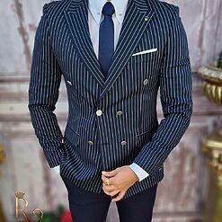 Sacou de barbati double breasted bleumarin in dungi croiala Slim Fit SC619 2