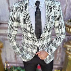 Sacou de barbati gri in carouri negre croiala Slim Fit SC640 2