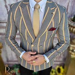 Sacou de barbati gri in dungi galbene croiala Slim Fit SC636 2