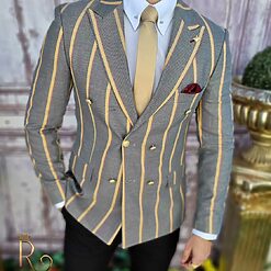 Sacou de barbati gri in dungi galbene croiala Slim Fit SC636 3