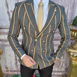 Sacou de barbati gri in dungi galbene croiala Slim Fit SC643 2