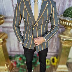 Sacou de barbati gri in dungi galbene croiala Slim Fit SC643 3