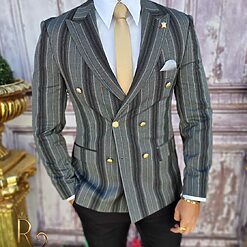 Sacou de barbati gri inchis in dungi croiala Slim Fit SC664 3