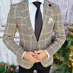 Sacou de barbati in patratele maro croiala Slim Fit – SC516 2