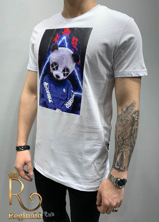 Tricou de barbati slim fit alb imprimeu Panda - TR151-Reduceri
