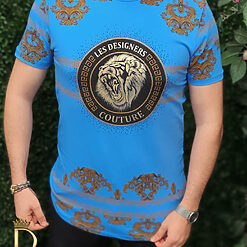 Tricou de barbati slim fit albastru imprimeu auriu Le Designers - TR164-Tricouri