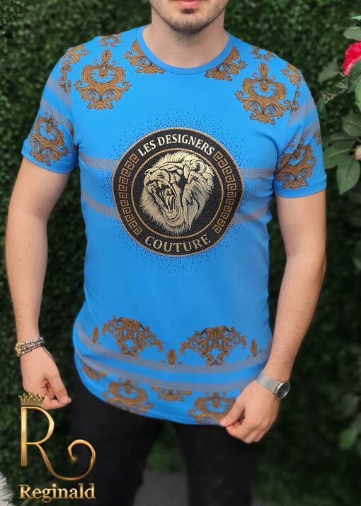 Tricou de barbati slim fit albastru imprimeu auriu Le Designers - TR164-Tricouri