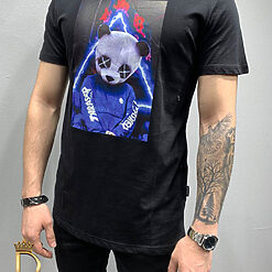 Tricou de barbati slim fit negru imprimeu Panda - TR152-Reduceri