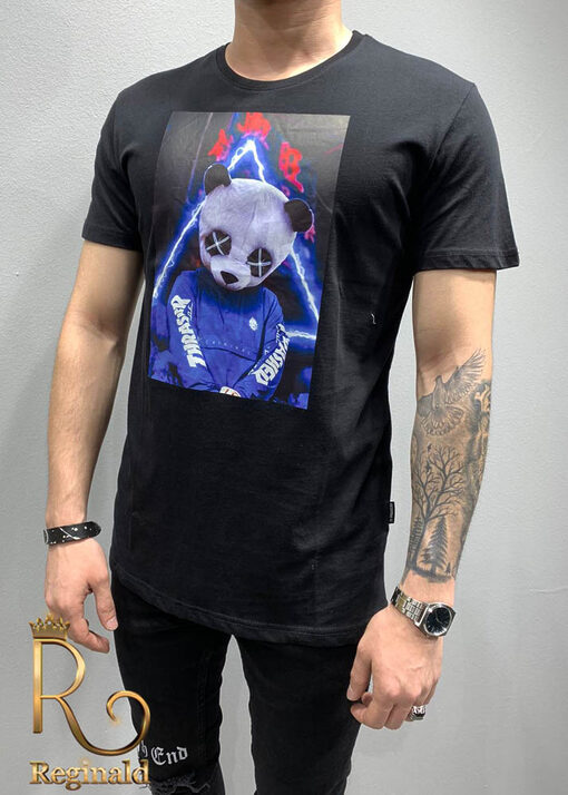 Tricou de barbati slim fit negru imprimeu Panda - TR152-Reduceri