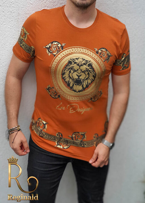 Tricou de barbati slim fit orange cu imprimeu auriu si strasuri - TR179-Tricouri