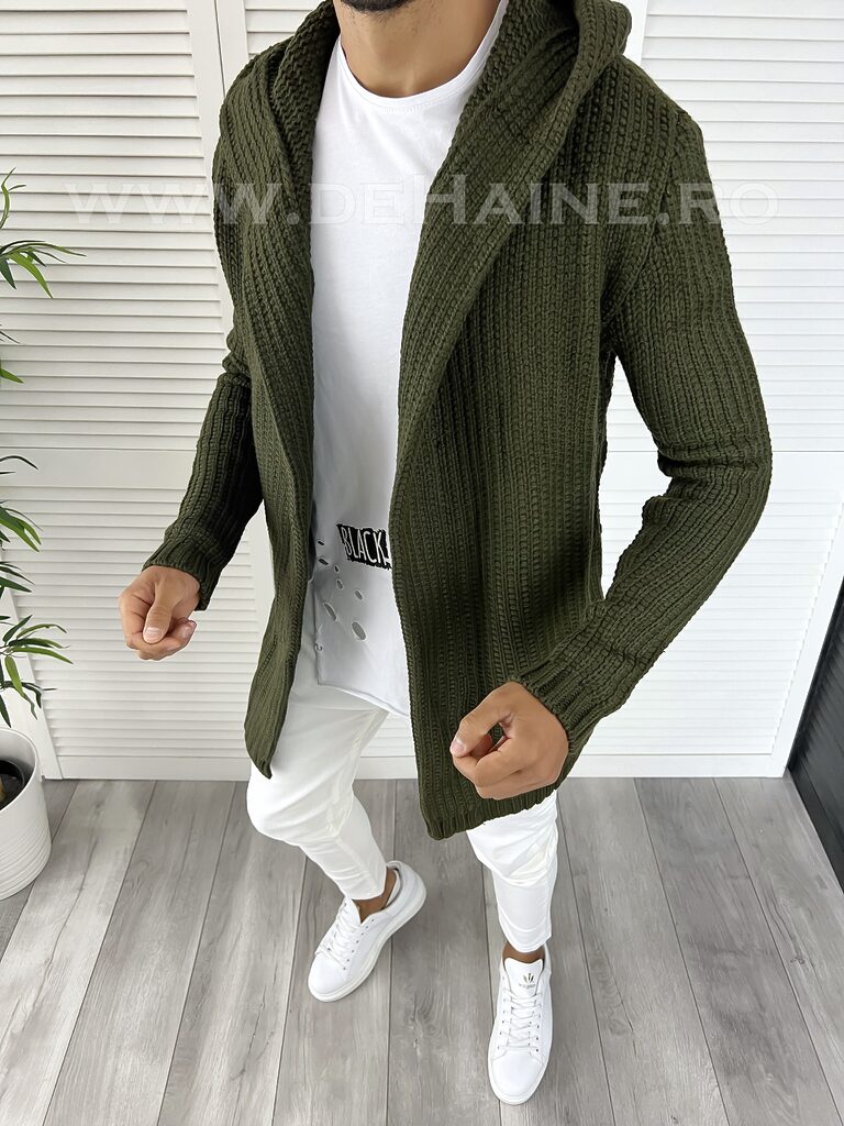 Cardigan barbati kaki cu gluga slim fit ZR T3516 U7-Cardigan barbati