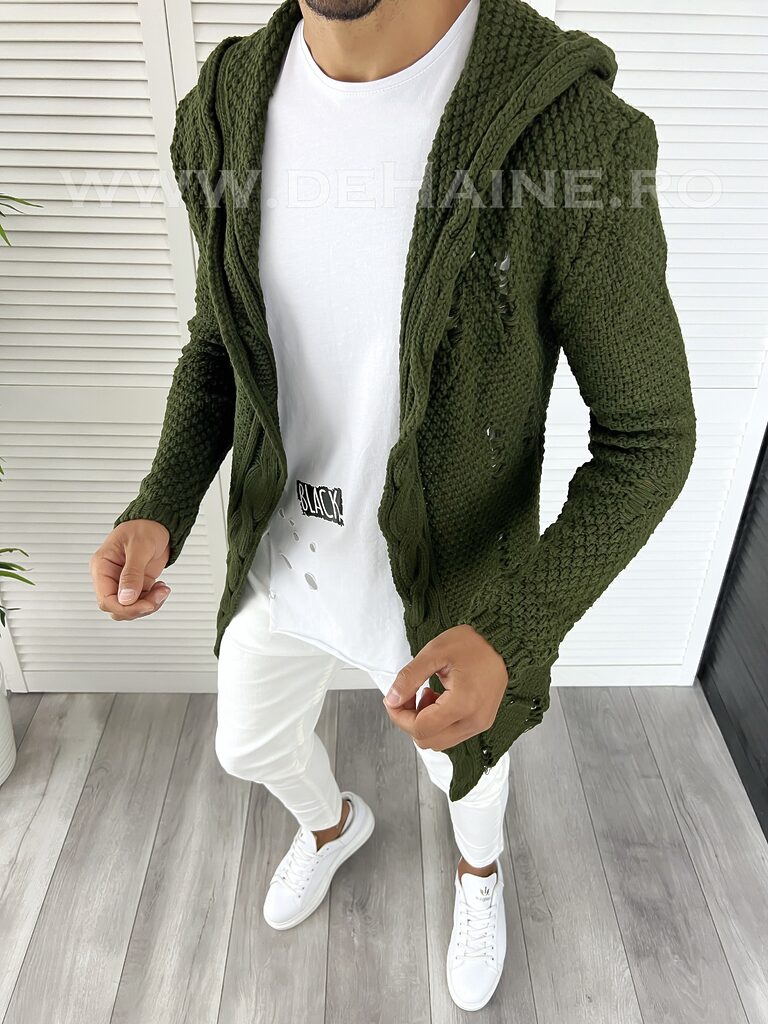 Cardigan barbati kaki cu gluga slim fit ZR T3601 K21-Cardigan barbati