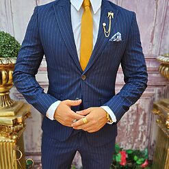 Costum bleumarin dungi maro Sacou Vesta si Pantalon C3883 2