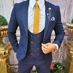 Costum bleumarin dungi maro Sacou Vesta si Pantalon C3883 3