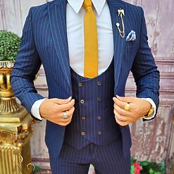 Costum bleumarin dungi maro Sacou Vesta si Pantalon C3883 4