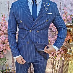 Costum bleumarin pal Double Breasted Sacou si Pantalon C4023 6