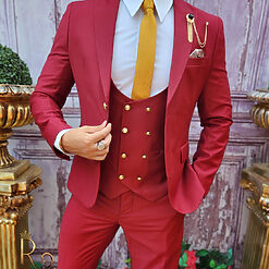 Costum bordeaux cu butoni aurii Sacou Vesta si Pantalon C3875 2