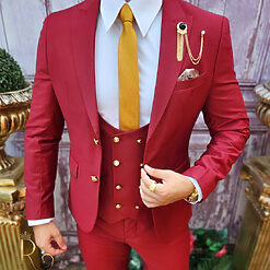 Costum bordeaux cu butoni aurii Sacou Vesta si Pantalon C3875 3