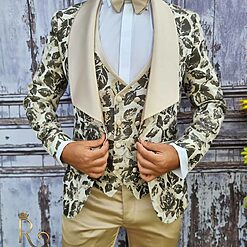 Costum ceremonie de barbati Bej inflorat Sacou Vesta Pantalon Papion C1886 3