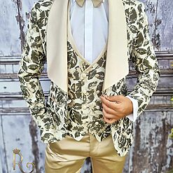 Costum ceremonie de barbati Bej inflorat Sacou Vesta Pantalon Papion C1886 4