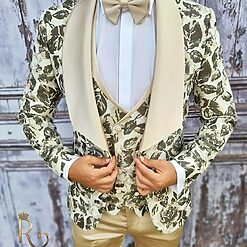 Costum ceremonie de barbati Bej inflorat Sacou Vesta Pantalon Papion C1886 5