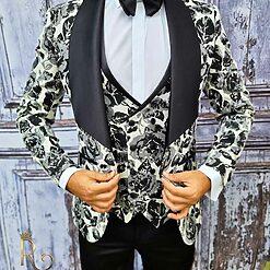 Costum ceremonie de barbati Negru floral Sacou Vesta Pantalon Papion C1897 4