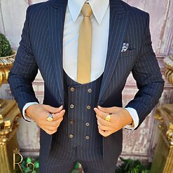 Costum de barbati Bleumarin cu dungi maro Sacou Vesta si Pantalon C3887 4