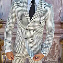 Costum de barbati Double Breasted alb in carouri negre C3827 2