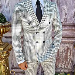 Costum de barbati Double Breasted alb in carouri negre C3827 3