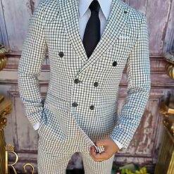 Costum de barbati Double Breasted alb in carouri negre C3827 4