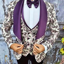 Costum de barbati Mov cu model floral Ceremonie Sacou Vesta Pantalon Papion C1901 4
