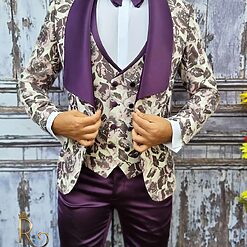Costum de barbati Mov cu model floral Ceremonie Sacou Vesta Pantalon Papion C1901 5