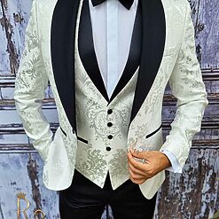 Costum de barbati alb cu model floral Ceremonie Sacou Vesta Pantalon Papion C1899 4
