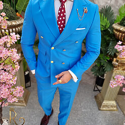 Costum de barbati albastru deschis cu butoni aurii Sacou si Pantalon C4089 2
