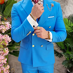 Costum de barbati albastru deschis cu butoni aurii Sacou si Pantalon C4089 3