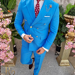 Costum de barbati albastru deschis cu butoni aurii Sacou si Pantalon C4089 4