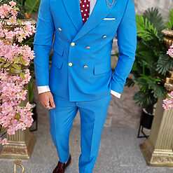 Costum de barbati albastru deschis cu butoni aurii Sacou si Pantalon C4089 6