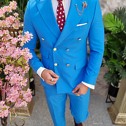 Costum de barbati albastru deschis cu butoni aurii Sacou si Pantalon C4089 7