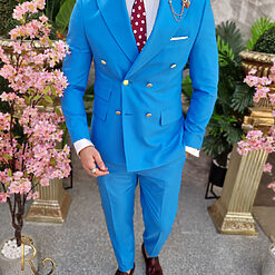 Costum de barbati albastru deschis cu butoni aurii Sacou si Pantalon C4089 8