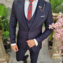 Costum de barbati bleumarin texturat Sacou Vesta si Pantalon C4184 4