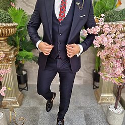 Costum de barbati bleumarin texturat Sacou Vesta si Pantalon C4184 5