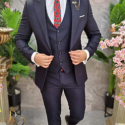 Costum de barbati bleumarin texturat Sacou Vesta si Pantalon C4184 6