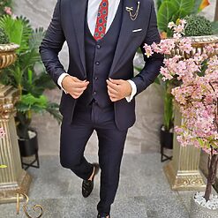 Costum de barbati bleumarin texturat Sacou Vesta si Pantalon C4184 7