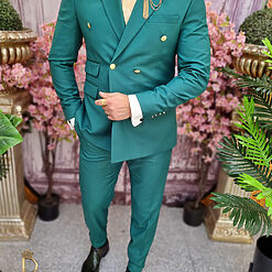 Costum de barbati elegant verde cu nasturi aurii Sacou si Pantalon C4077 2