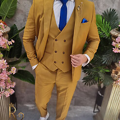 Costum de barbati galben mustar Sacou Vesta si Pantalon C4101 2