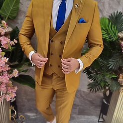 Costum de barbati galben mustar Sacou Vesta si Pantalon C4101 3