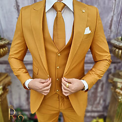 Costum de barbati galben mustar cu nasturi aurii Sacou Vesta si Pantalon C3597 4