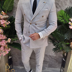 Costum de barbati gri cu dungi albe Sacou si Pantalon C4103 4