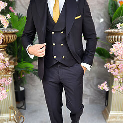 Costum de barbati negru cu butoni aurii Sacou Vesta si Pantalon C4175 2